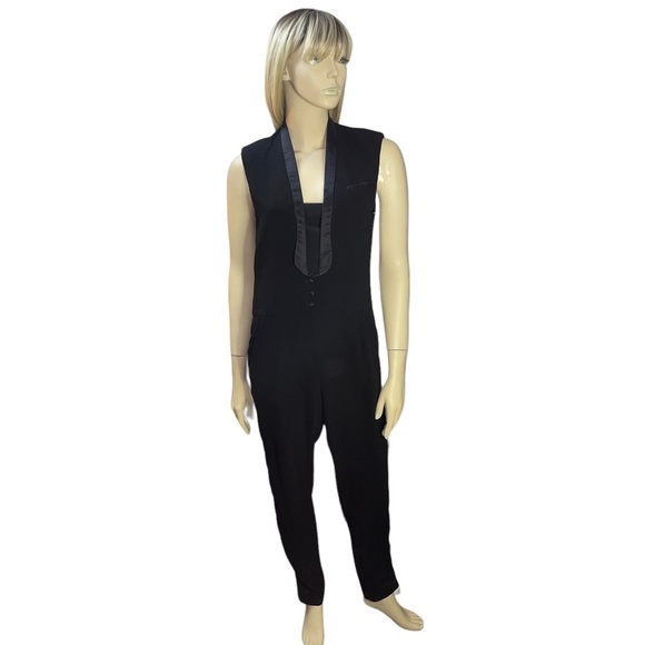 Maje Jumpsuit Elfie Tuxedo Plunging V Neck Black Satin Trim - Picture 6 of 14